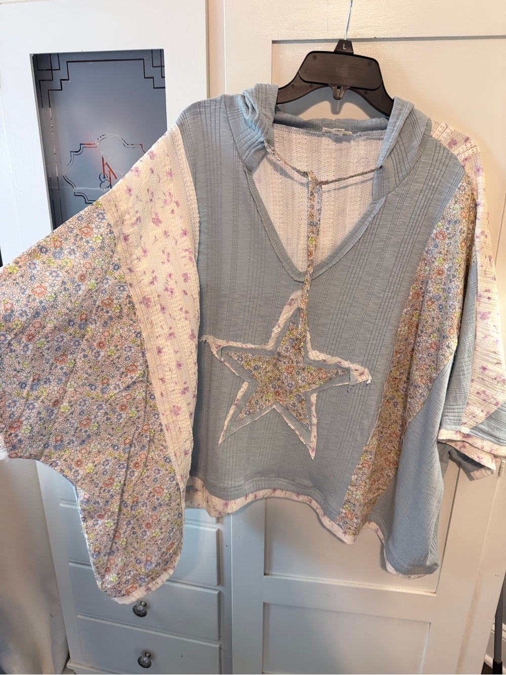 POL Women's Patchwork Star Tunic in Light Blue and Floral